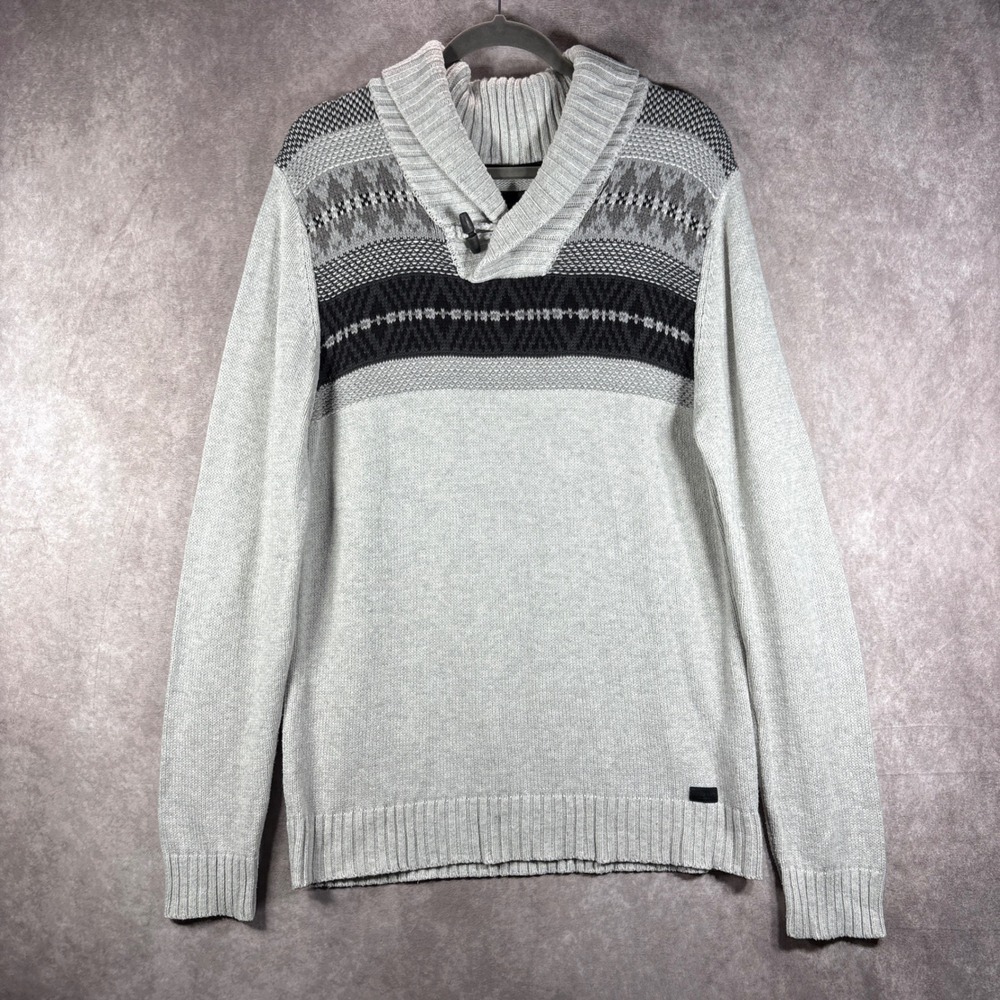 Outpost Makers Sweater Mens Large Gray Shawl Collar Fair Isle Toggle Outdoors